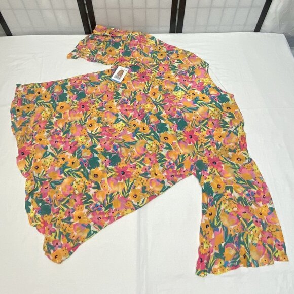 Anne Cole Ruffle Bell Sleeve V Neck Sheer Crinkle Bright Floral Tunic Dress NEW - Picture 10 of 13